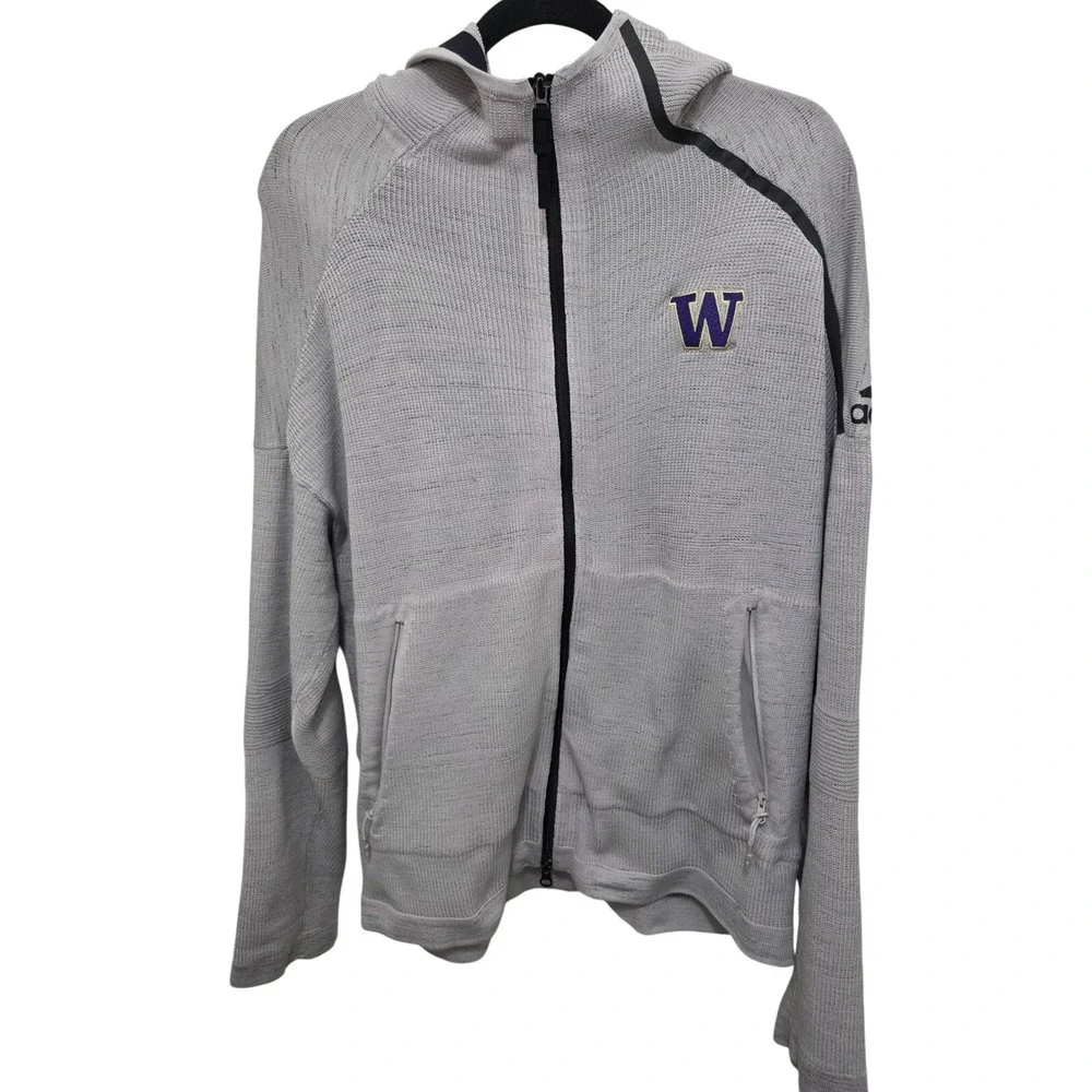 Adidas Washington Huskies Full-Zip Gray Hoodie Sweatshirt Raglan Sleeves Zipper